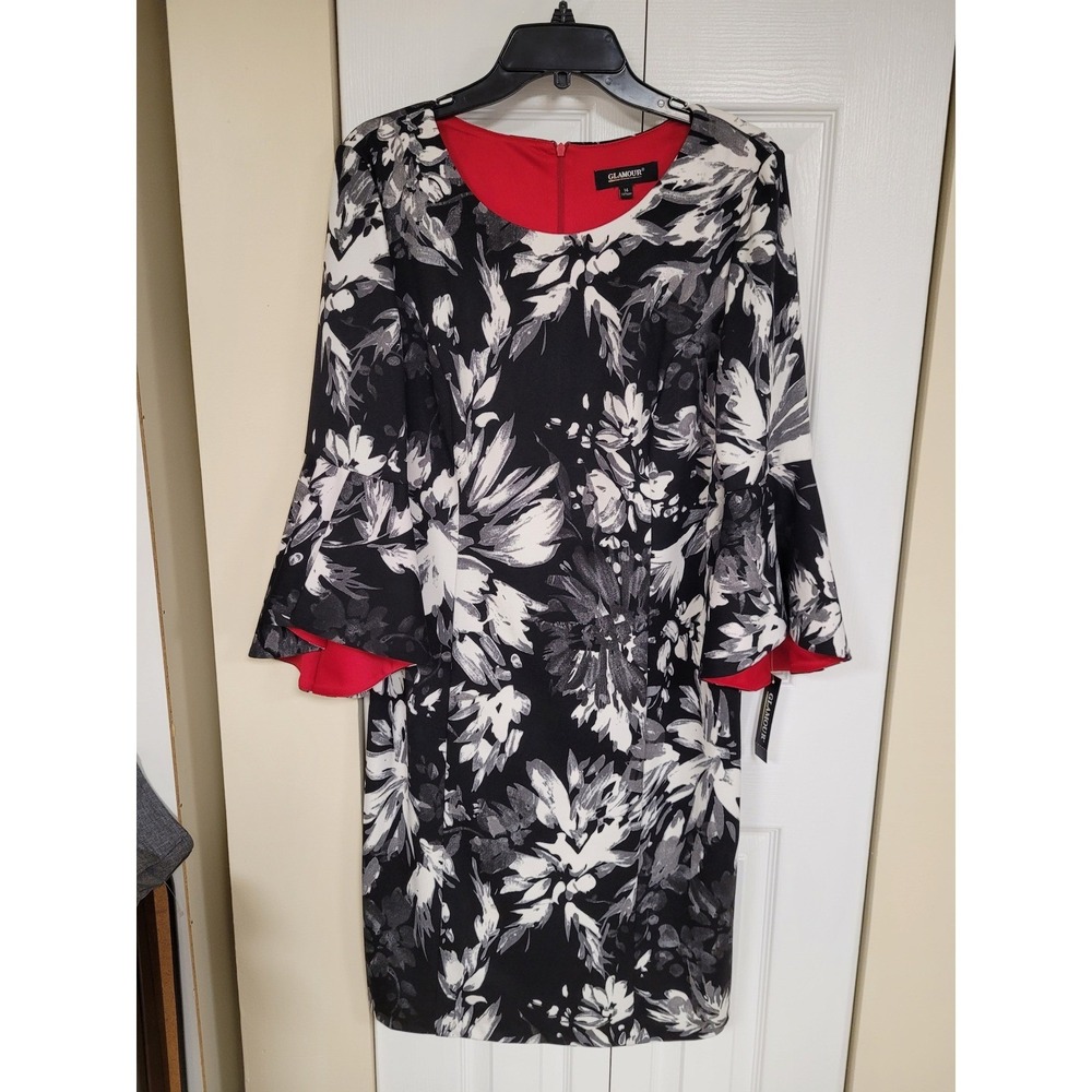 Glamour Womens‎ Black/White Stretch Floral Print Bell Sleeve Dress NWT Size 14
